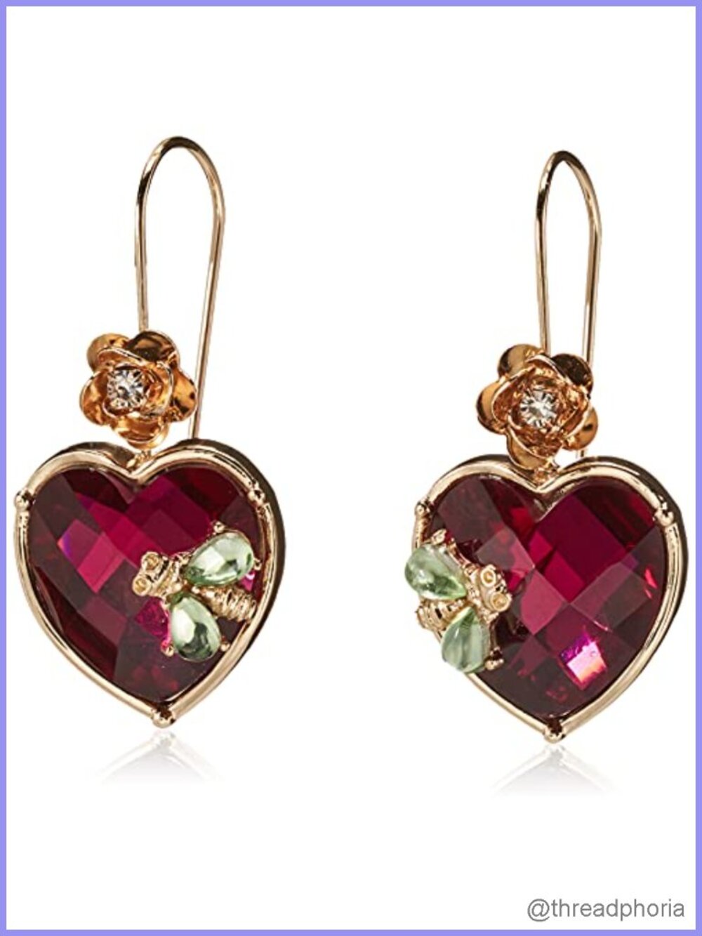 Stone Heart Dangle Earrings Gold Tone Metal Glass